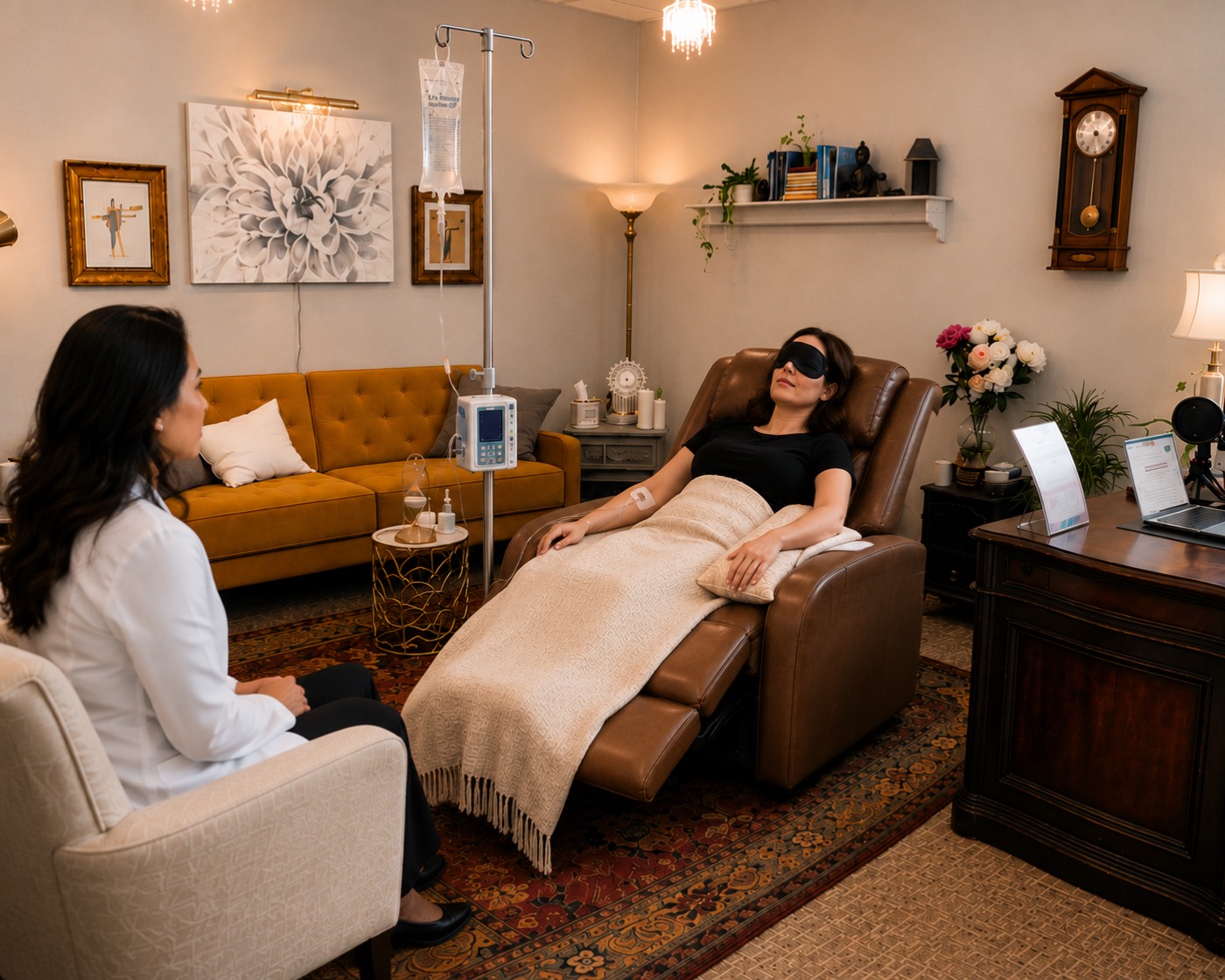 A patient reclining comfortably in a private IV treatment room during a ketamine infusion while a clinician sits nearby